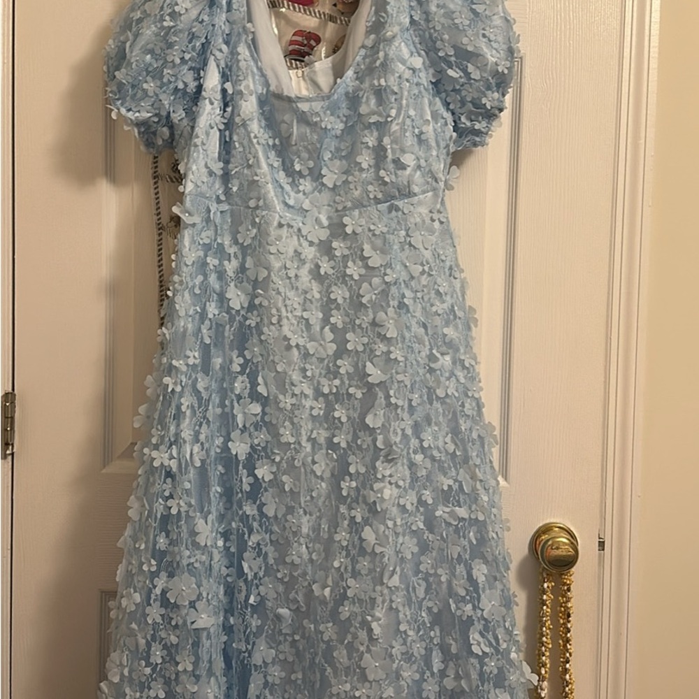 Blue Ruffled Tiered Sundress with Puff Sleeves